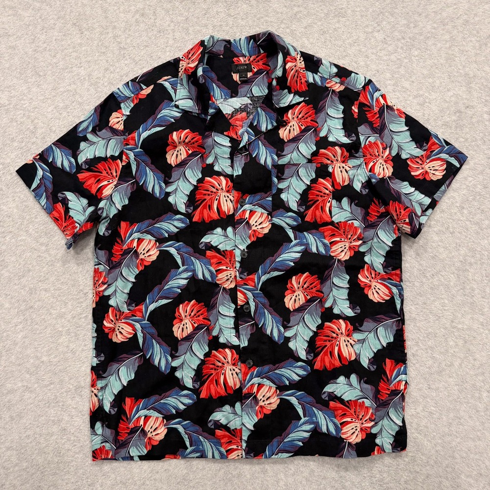 J. Crew Shirt Mens M Short Sleeve Button Camp Collar Cotton Linen Tropical Print
